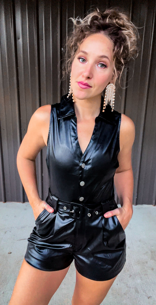 マコモっち REBEL WAVE ╋ CRACKED LEATHER Black Leather Romper – The Broken Levee Boutique