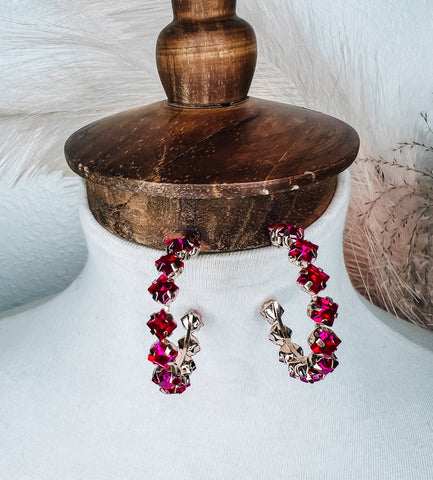 Fuschia Pink Rhinestone Hoop Earrings