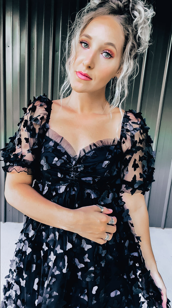 black dress with blue butterflies Black & Blue Butterfly Applique Lace-Up Halter Gothic Lolita Dress with  Asymmetric Multi-Layer Tulle Hem
