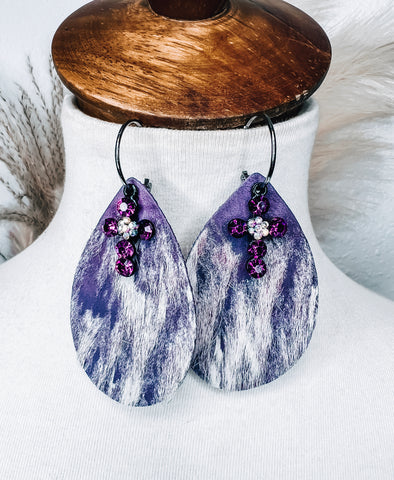Purple Hide Cross Earrings