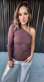 Brown Pearl One Shoulder Top