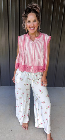 Blush Stripe & Eyelet Lace Top