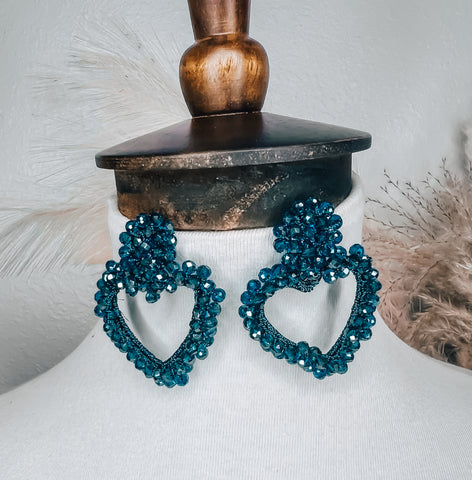 Teal Beaded Heart Earrings