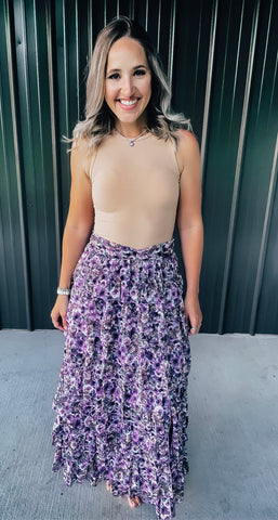 Purple Floral Ruffle Maxi Skirt