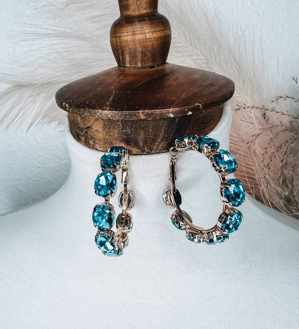Blue Rhinestone Hoop Earrings