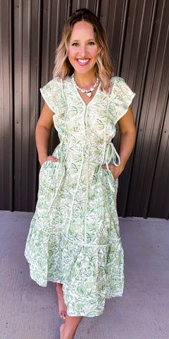 Green & White Mix Midi Dress