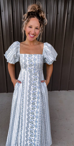 Blue & Soft Green Floral Maxi Dress