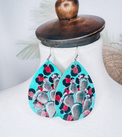 Turquoise Cactus Painted Earrings