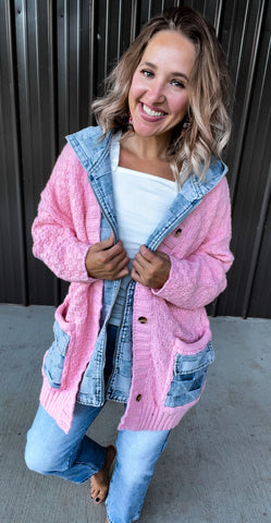 Pink & Denim Checkered Cardigan