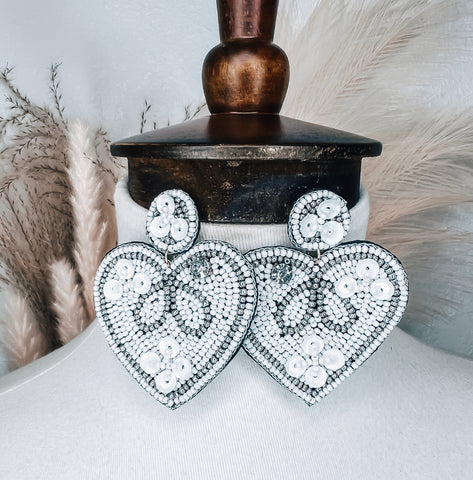 White Heart Beaded Earrings