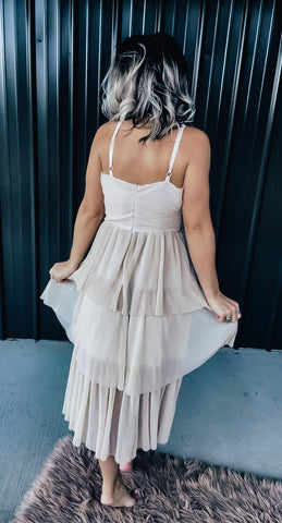 cream flowy midi dress cream flowy midi dress The Flounce Smocked Midi Dress The Standard Stitch