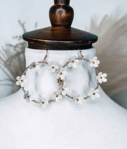 Ivory Flower Hoop Earrings