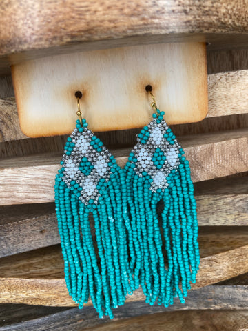Turquoise Checkered Beaded Earrings