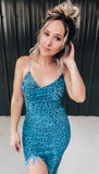 Velvet Blue Leopard Slit Dress