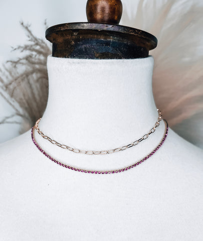 Hot Pink Rhinestone & Gold Chain Layered Necklace